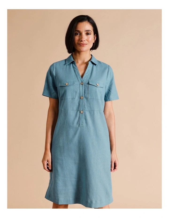 European Linen Blend Short Sleeve Shirt Dress In Blue/Green Texture