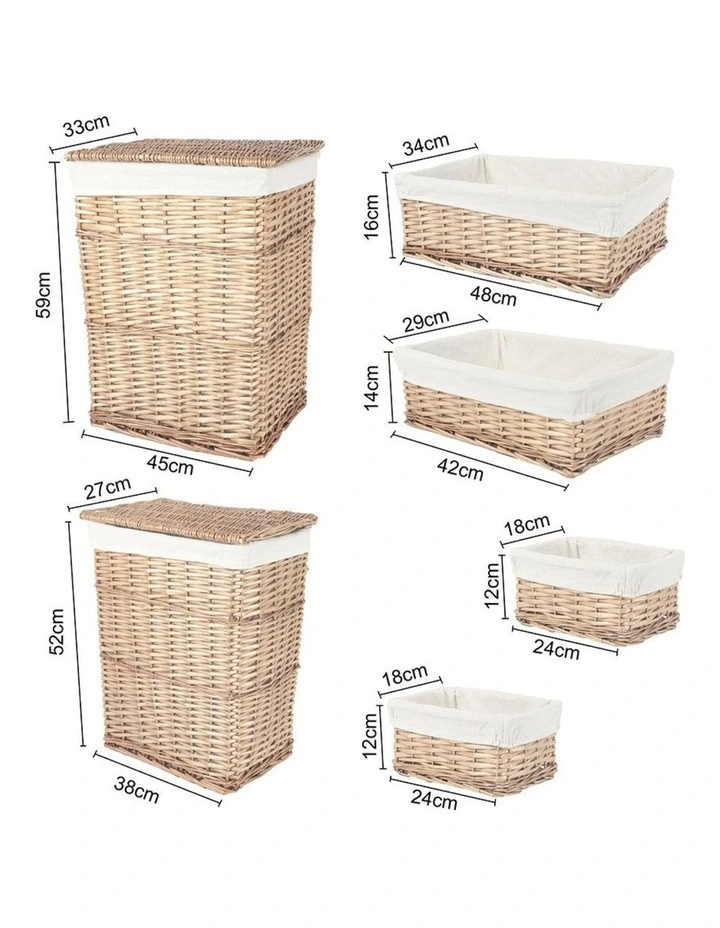 6 Piece Wicker Storage Baskets with Liner Set in Natural