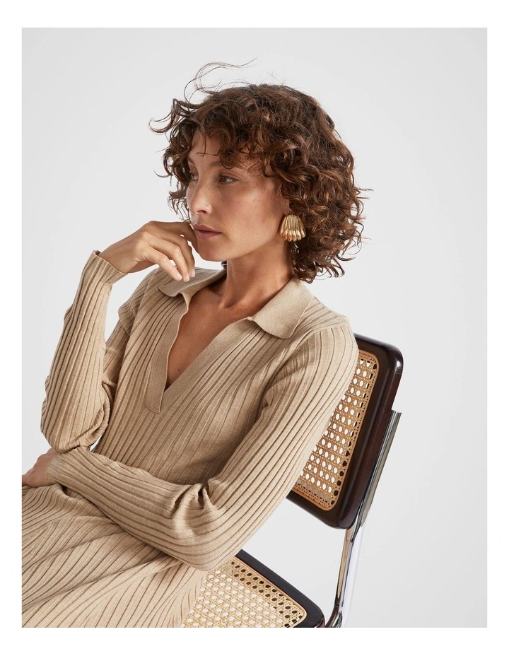 Rib Knit Polo Dress in Champagne Beige Marle