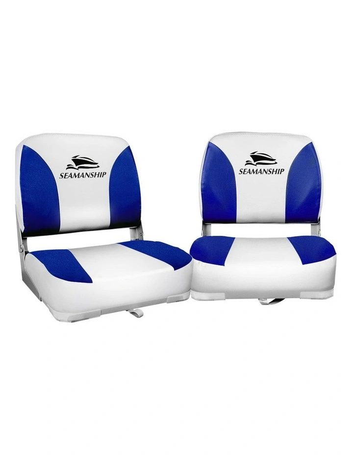 Seamanship 2X Folding Boat Seats Swivel Low Back 13cm Padding in White Blue