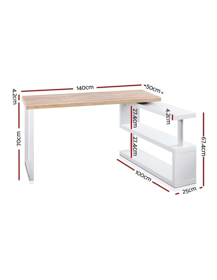 Rotary Corner Desk with Bookshelf Brown and White