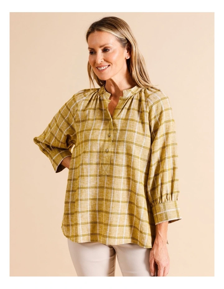 Organic Cotton Blend Stand Collar 3/4 Full Sleeve Top in Olive Check