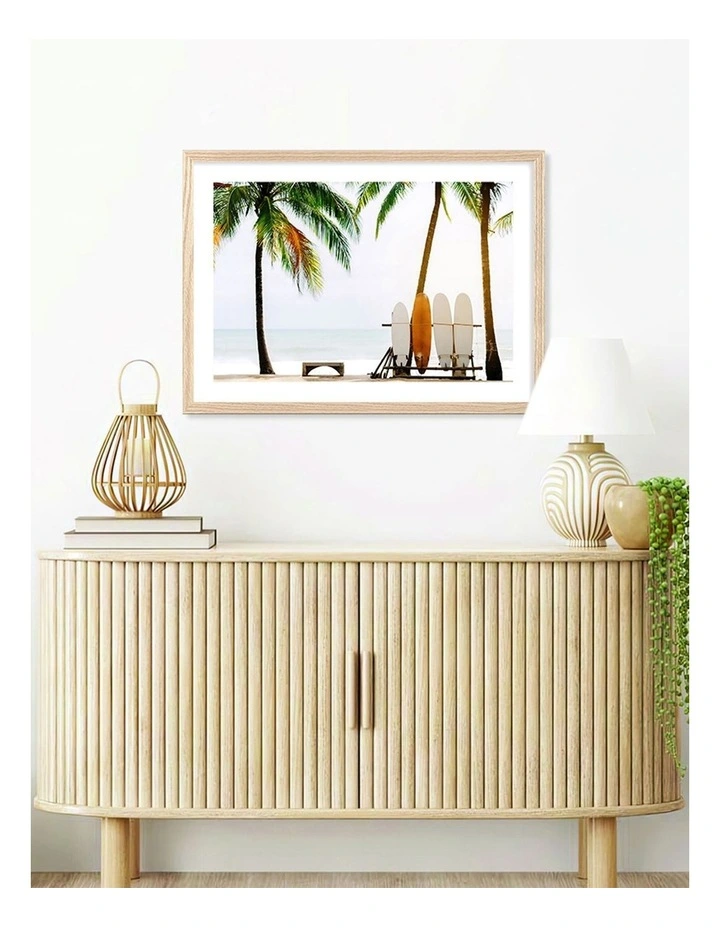 Australian Made Surfboards and Palms Art Print A2 in Natural Frame