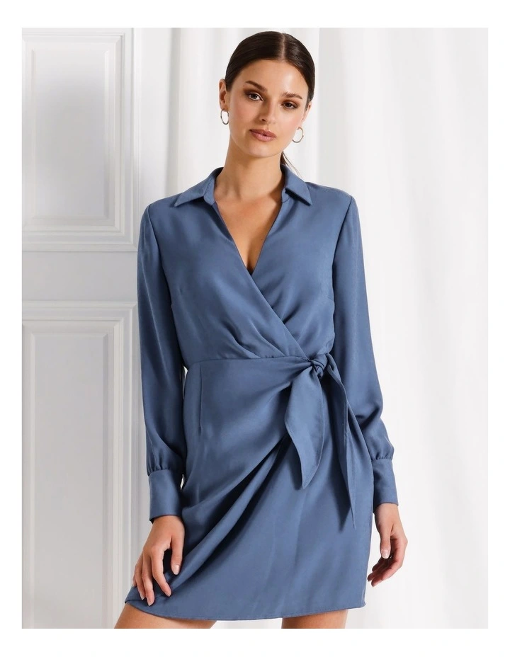 Recycled Satin Tie Waist Mini Shirt Dress in Blue