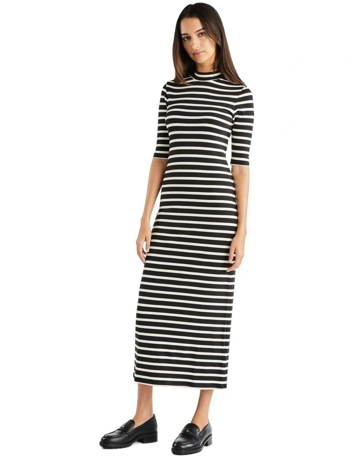 Slim Rib Midi Stripe Dress in Black