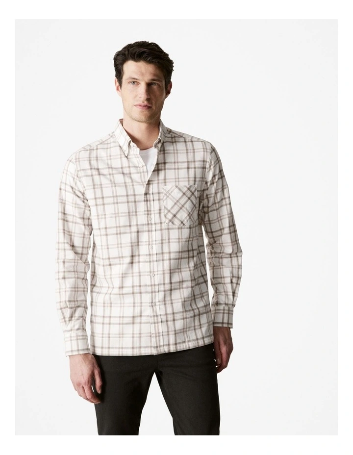 Regular Fit Cotton Twill Modern Check Shirt in Off White