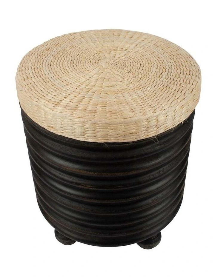 Round Side Table Cum Cushion Stool in Distressed Black/Natural