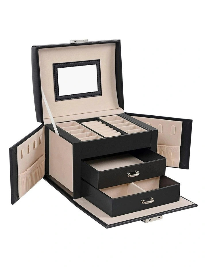 Lockable Jewellery Box Case With 2 Drawers And Mirror in Black