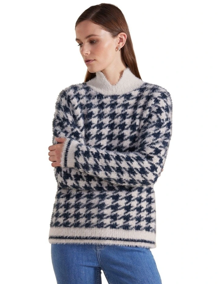 Long Sleeve Houndstooth Sweater in Petrol
