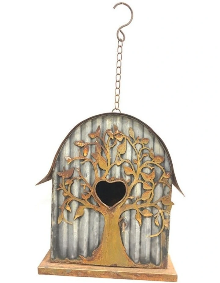 Tree Detail Rustic Bird House in Galvanized/Rust