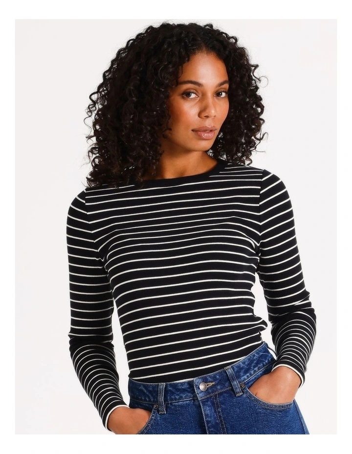 Organic Blend Crew Neck Long Sleeve Rib Tee in Black