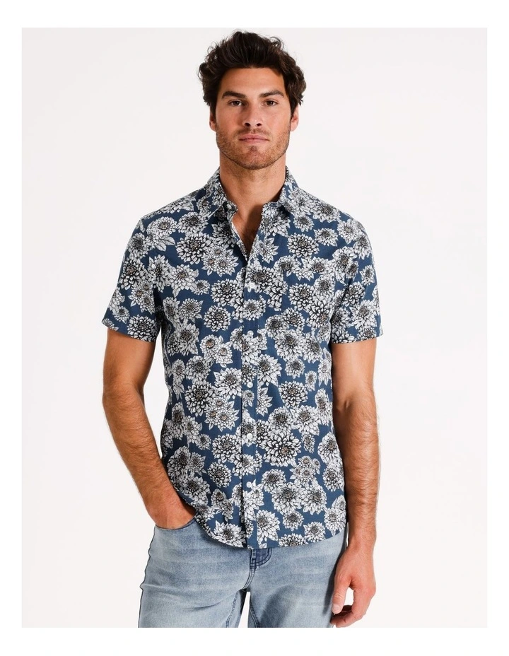 Hey There Dahlia Floral Print Short Sleeve Shirt in Blue