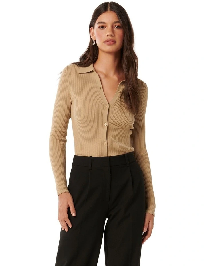 Marlowe Button Through Polo Knit Top in Brown