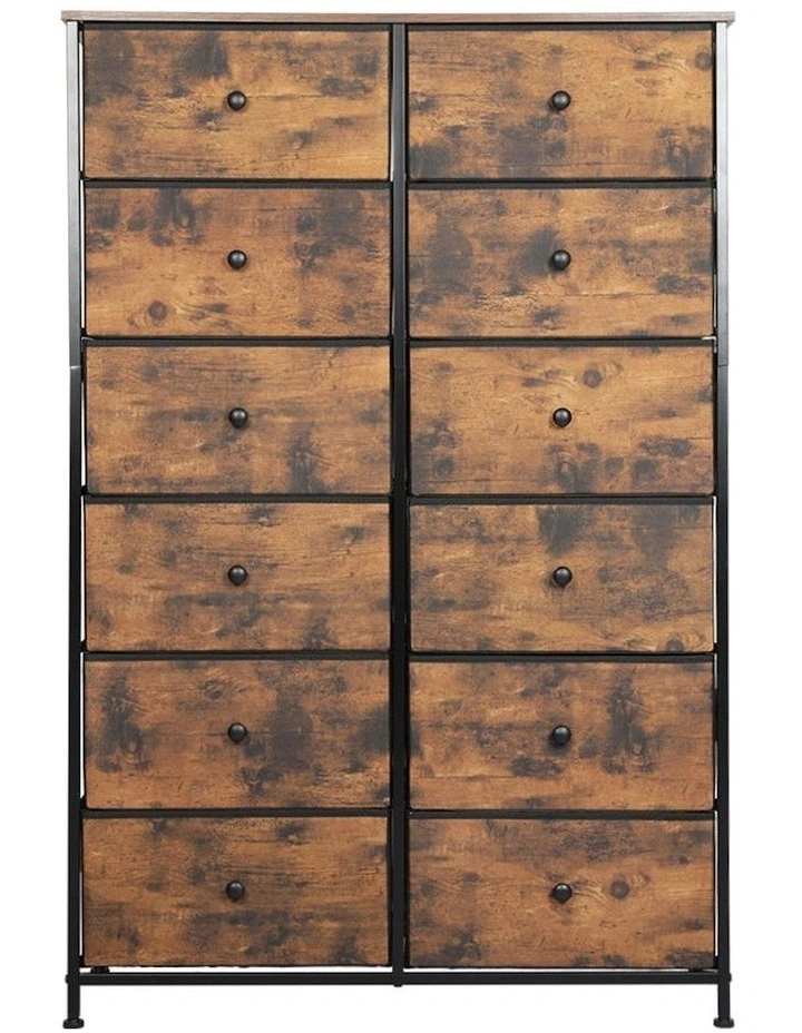 Chest of 12 Drawers Tallboy Retro Storage Cabinet in Brown