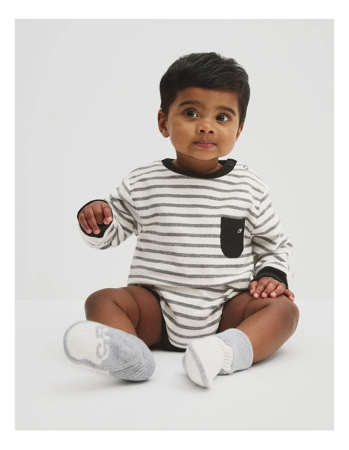 Australian Cotton Oversized Stripe Long Sleeve Bodysuit in Black