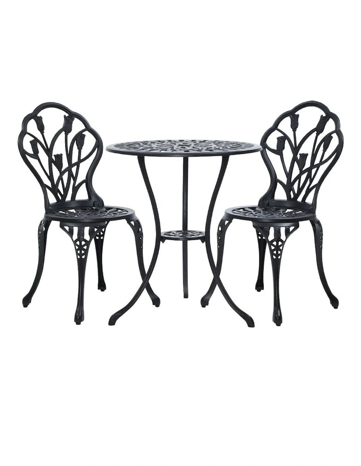 Aluminum 3 Pieces Outdoor Setting Bistro Chairs And Table Set in Black