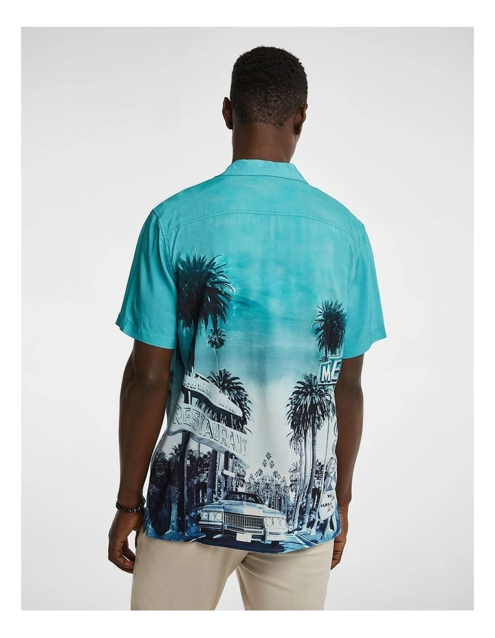 City Border Print Shirt in Teal