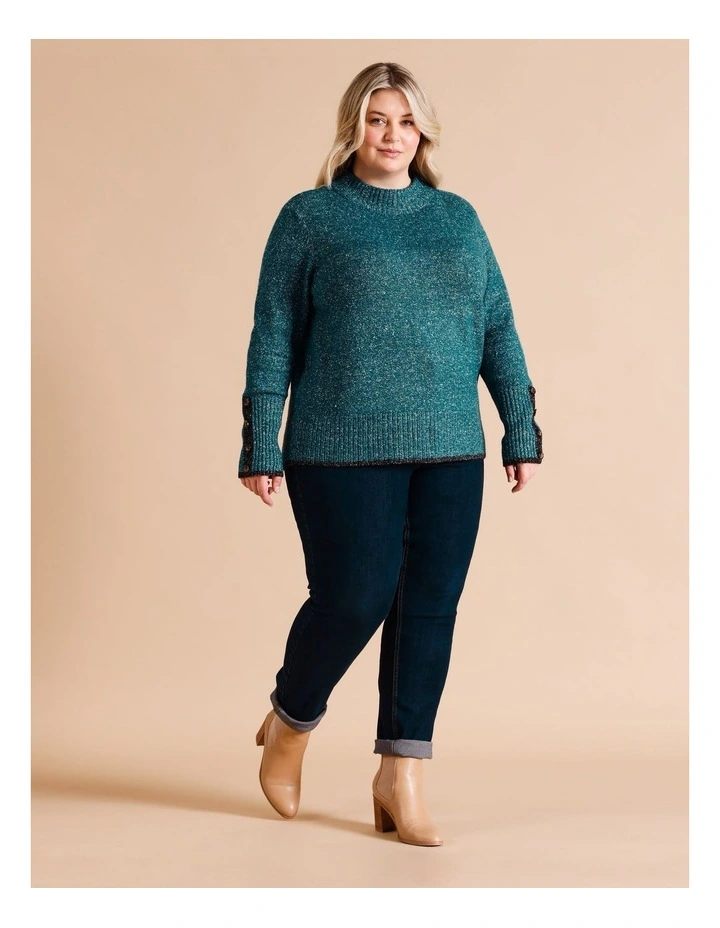 Stand Neck Jumper With Tipping In Teal/Black