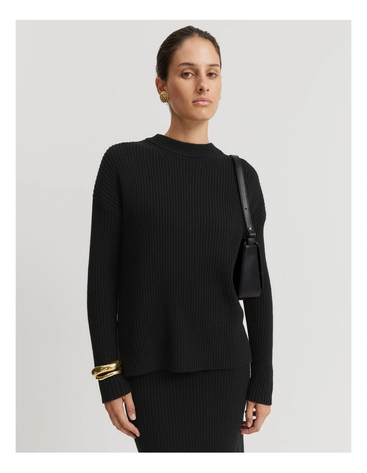Organically Grown Cotton Cashmere Blend Crew Neck Rib Knit in Black