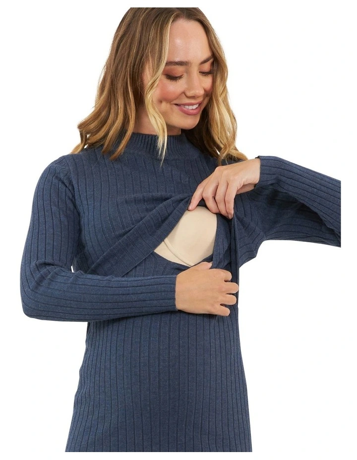 Nella Rib Nursing Knit Dress in Denim Marle