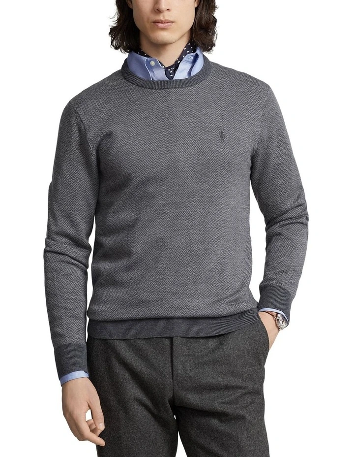 Herringbone-Knit Washable Wool Sweater in Grey