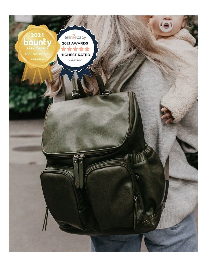 Signature Vegan Leather Nappy Backpack in Olive