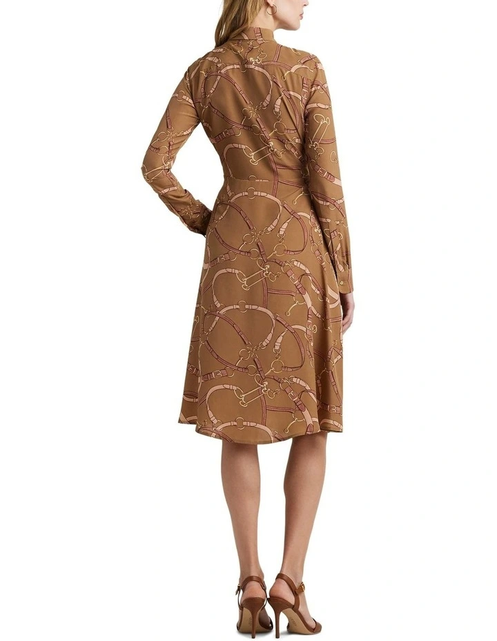 Belting-Print Tie-Front Crepe Shirtdress in Beige