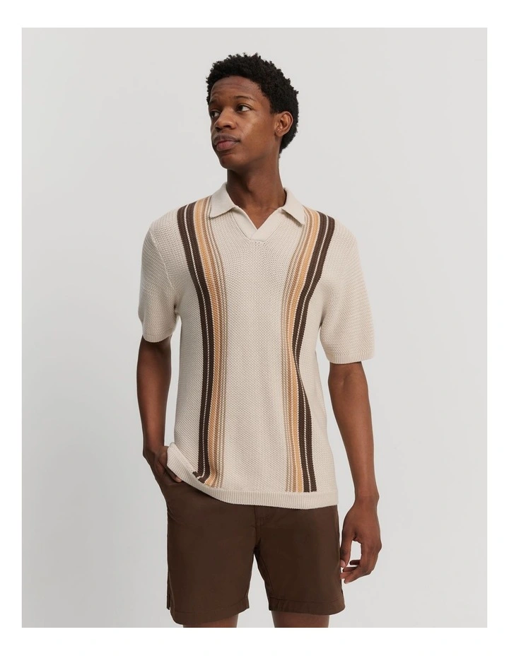 Australian Cotton Knit Stripe Polo in Oat