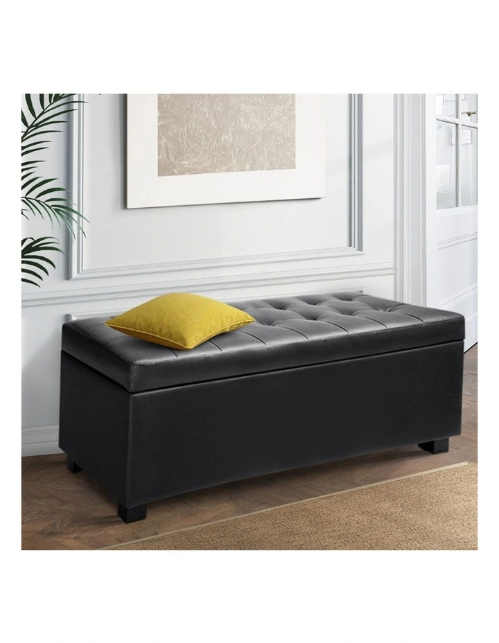 Leather Storage Blanket Ottoman 97cm in Black