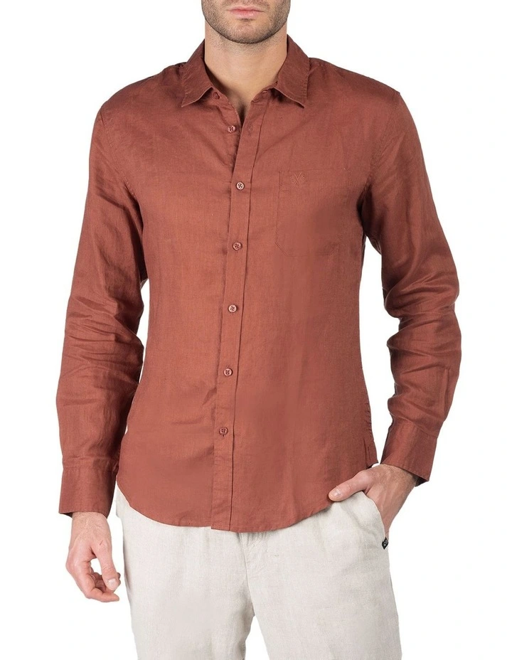 Long Sleeve Linen Shirt in Burnt Orange