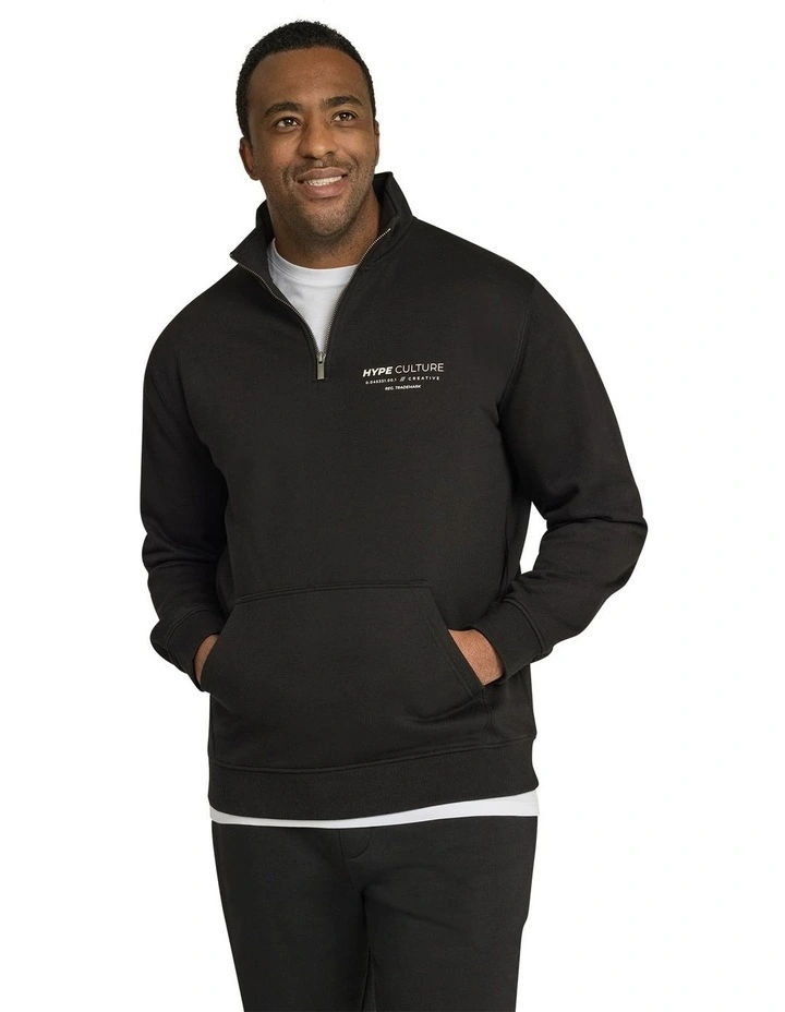 Print Zip Neck Sweat in Black