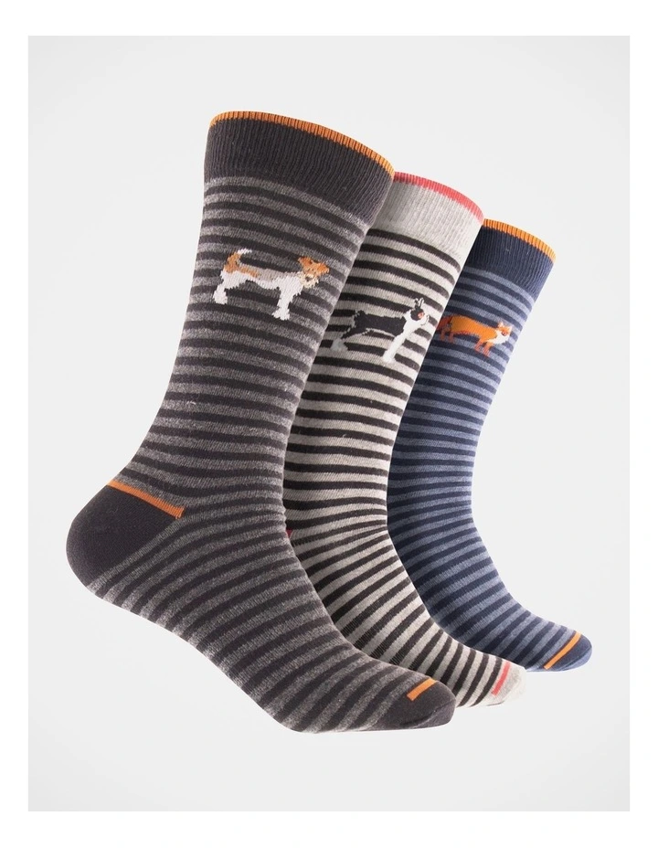 Men's Animal Stripe Cotton Socks 3 Pack in Assorted