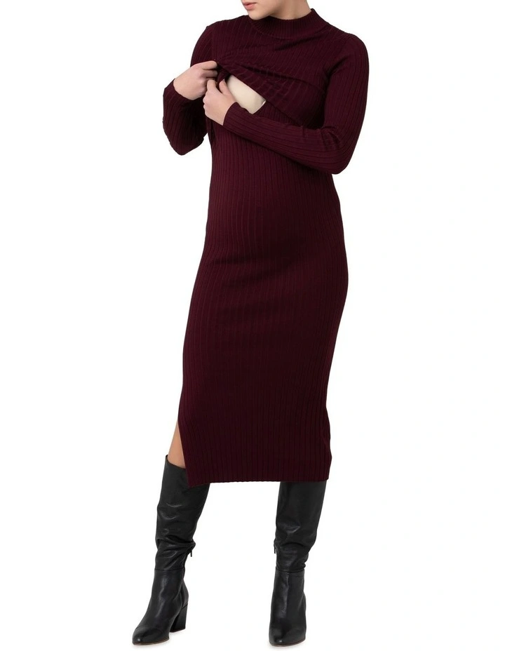 Nella Rib Nursing Knit Dress in Maroon