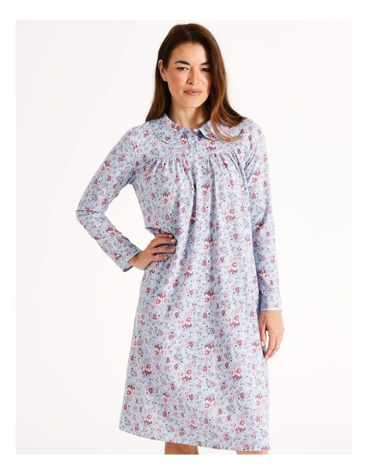 Cotton Long Sleeve Nightie in Blue Floral