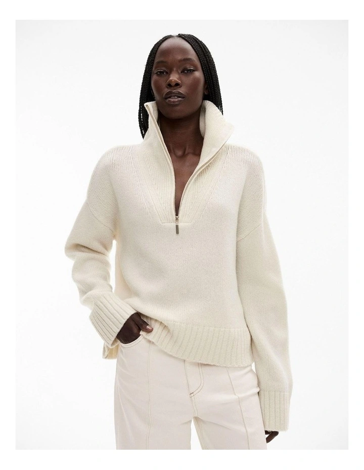 Wool Blend Zip Front Knit in Cream