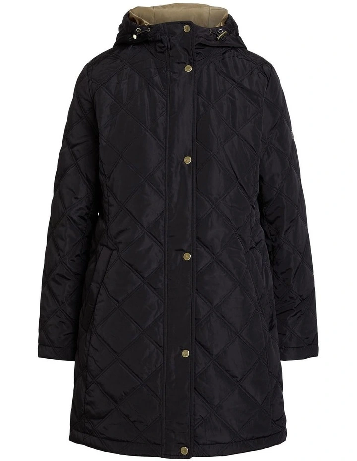 Diamond-Quilted Hooded Coat in Black