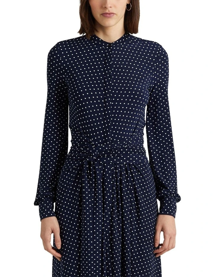 Polka-Dot Stretch Jersey Shirtdress in Navy