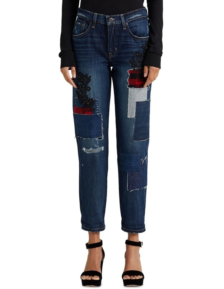 Patchwork Relaxed Tapered Ankle Jean in Blue