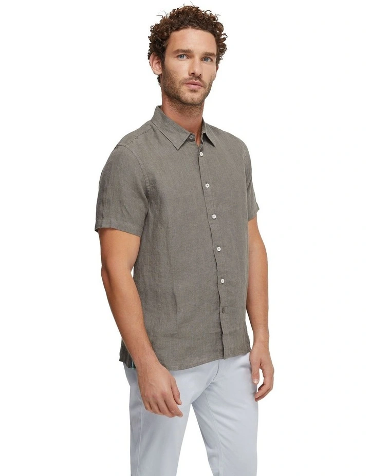 Leyton Pure Linen Short Sleeve Shirt in Olive
