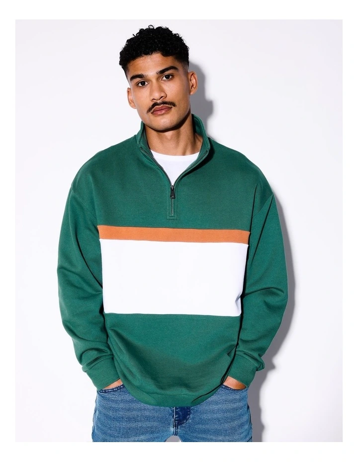 Burning Skies Block Stripe All Gender 1/4 Zip Sweat in Green