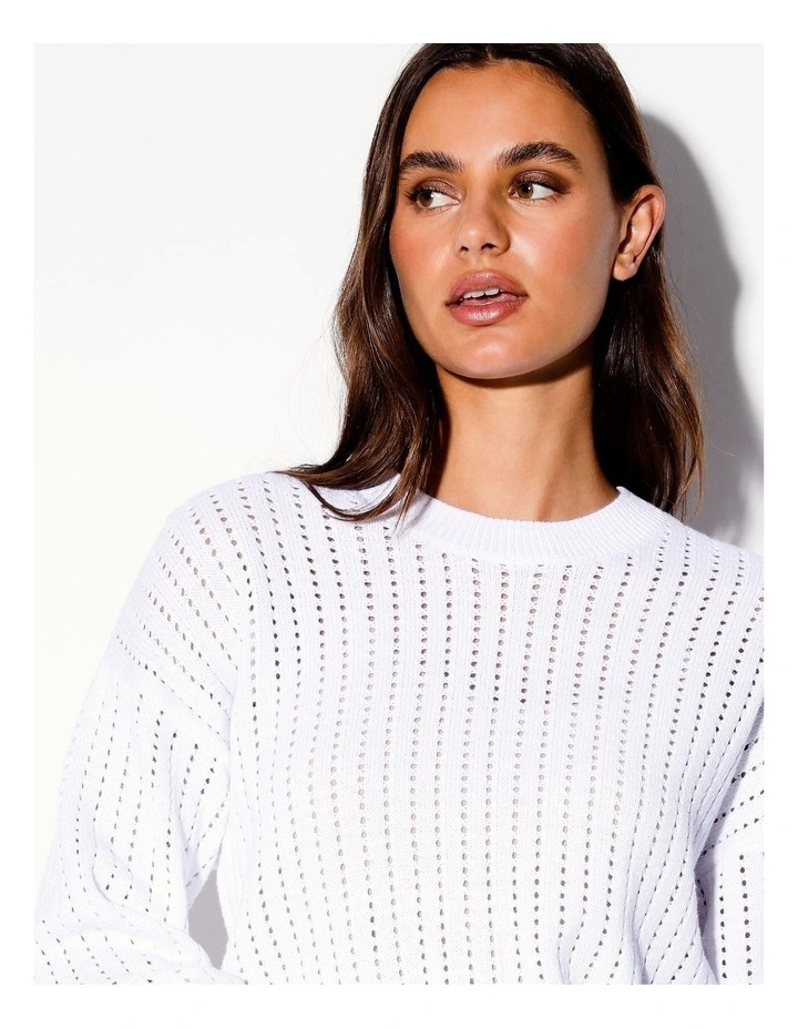Organic Crochet Crew Neck Jumper in White