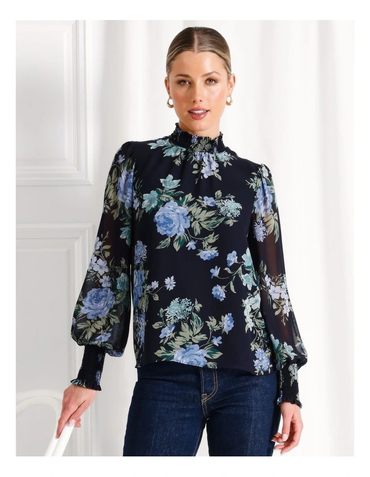 Recycled High Neck Shirred Top in Navy