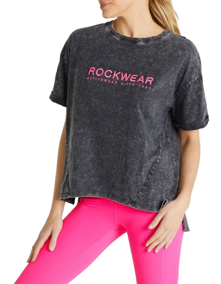 Embroidered Logo Acid Wash Tee in Black