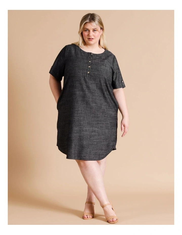 Short Sleeve Shirt Dress with Pockets in Charcoal Crossdye