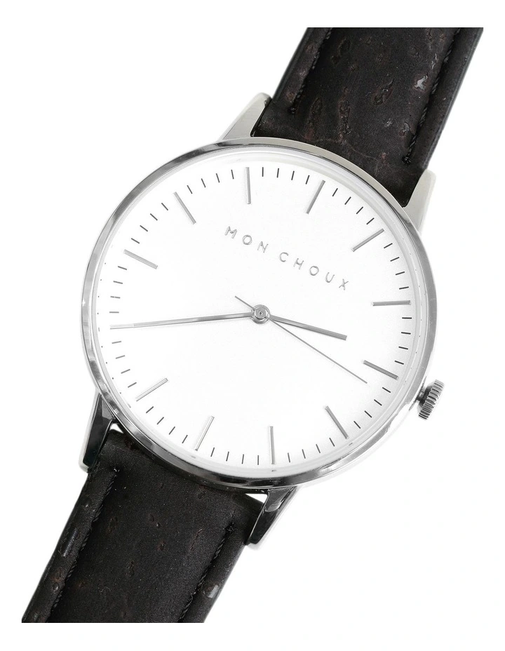 Classic Black Cork Vegan Leather Watch 38mm in White/Silver