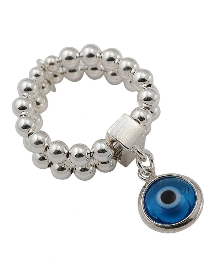 Double Row Stretchy Greek Evil Eye Silver Ring