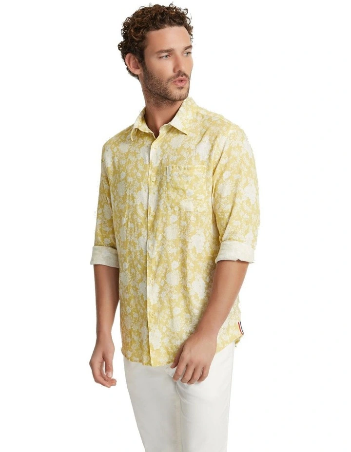 Holloway Linen Blend Printed Shirt in Mustard Yellow