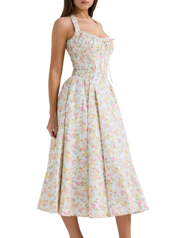 Adabella Cotton Halter Sundress in Pale Blue Meadow Print