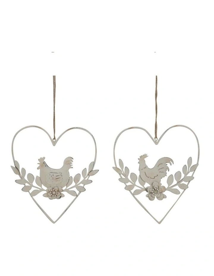 Set of 2 Hanging Rooster in Heart Ornament in Distressed White