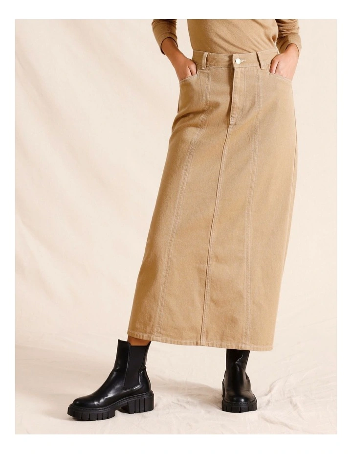 A-Line Drill Maxi Skirt in Tan